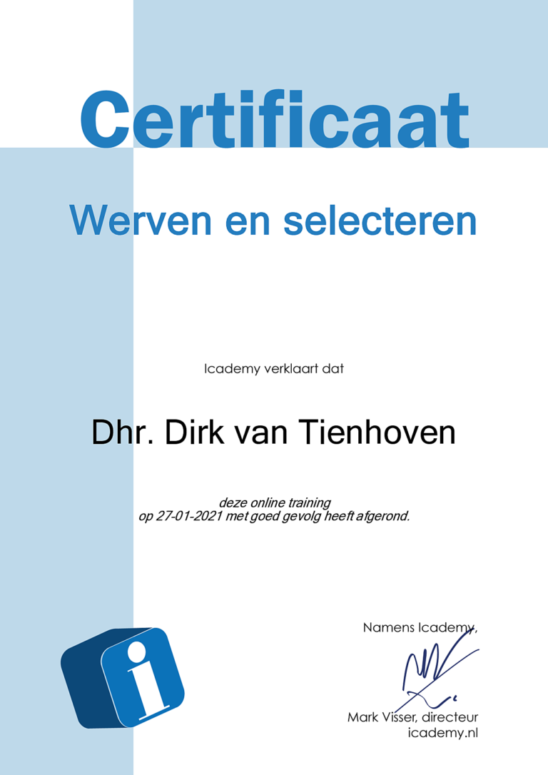 2021.01.27 Certificaat - Deelnemer Dirk van Tienhoven - Studie Werven en selecteren - ID f0cc7e64-f6d2-4fef-817d-ab40fc71ae01