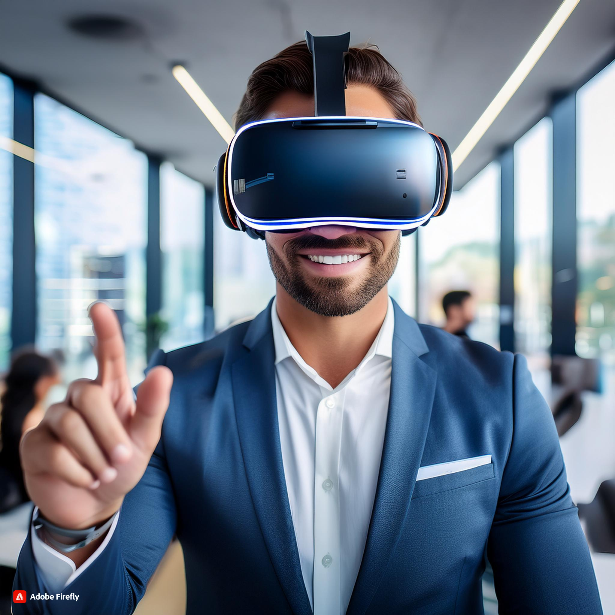 Een mannelijke medewerker die met een best of breed consumenten vr-bril op een toekomstgerichte coachin (1) Een mannelijke medewerker die met een best of breed consumenten vr-bril op een toekomstgerichte coachin (1)